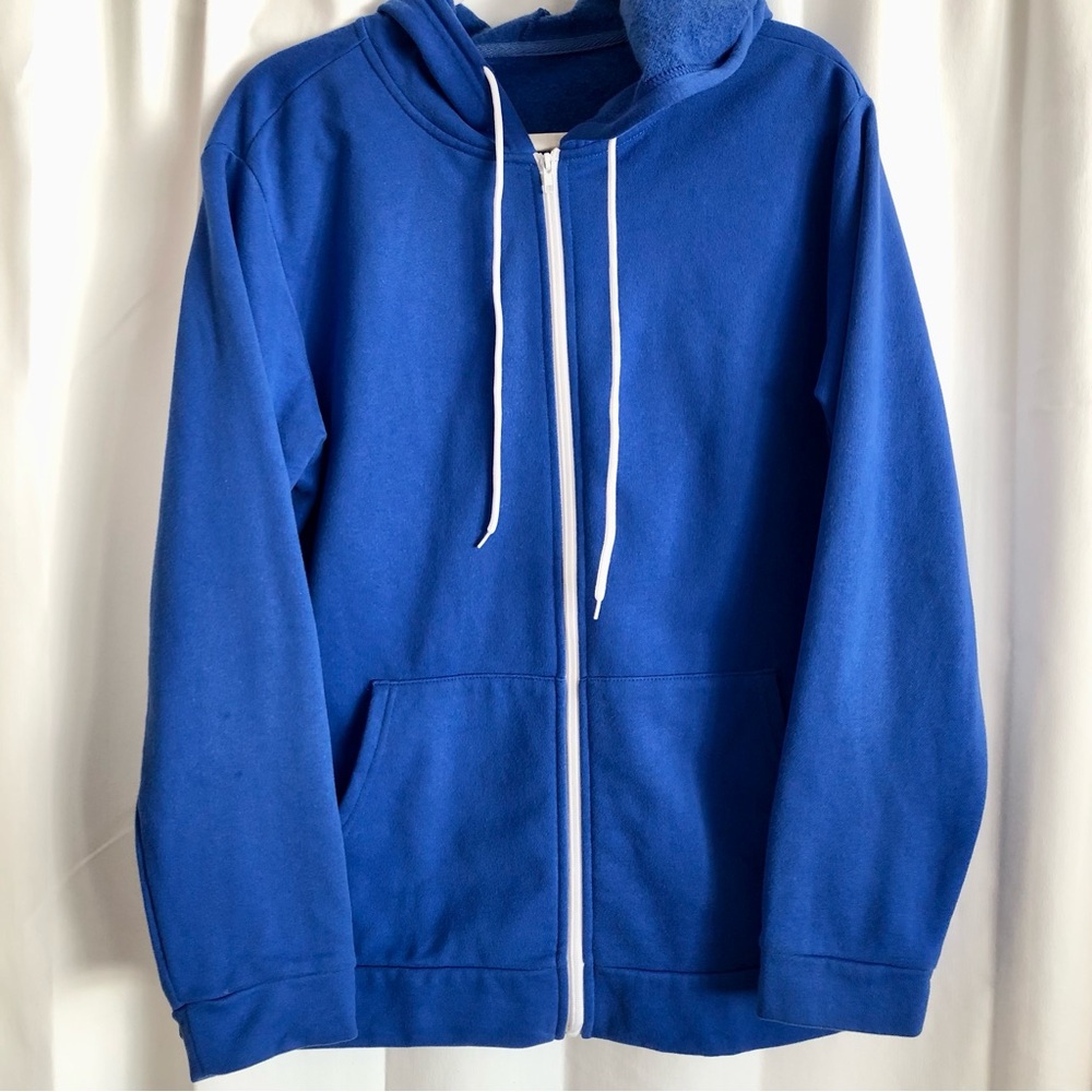 Blue Women's Hoodie with white front zipper, pockets, size 1X, cotton poly blend